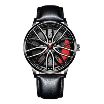 Metal and Leather Band Car Wheel Watch
