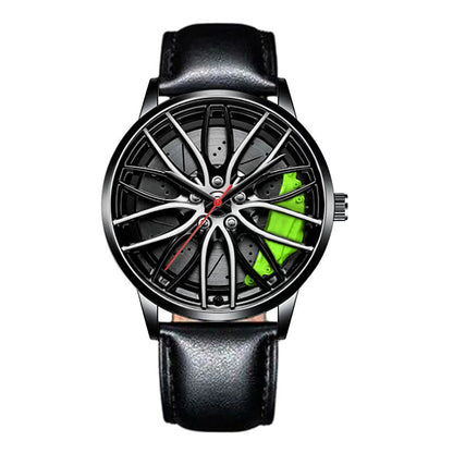 Metal and Leather Band Car Wheel Watch
